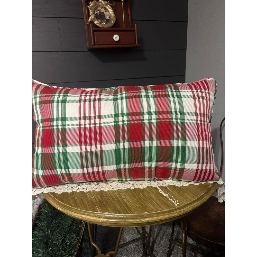 Christmas Tree Sled Lumbar Pillow Red Green Plaid Reversible Holiday Decor 20x11